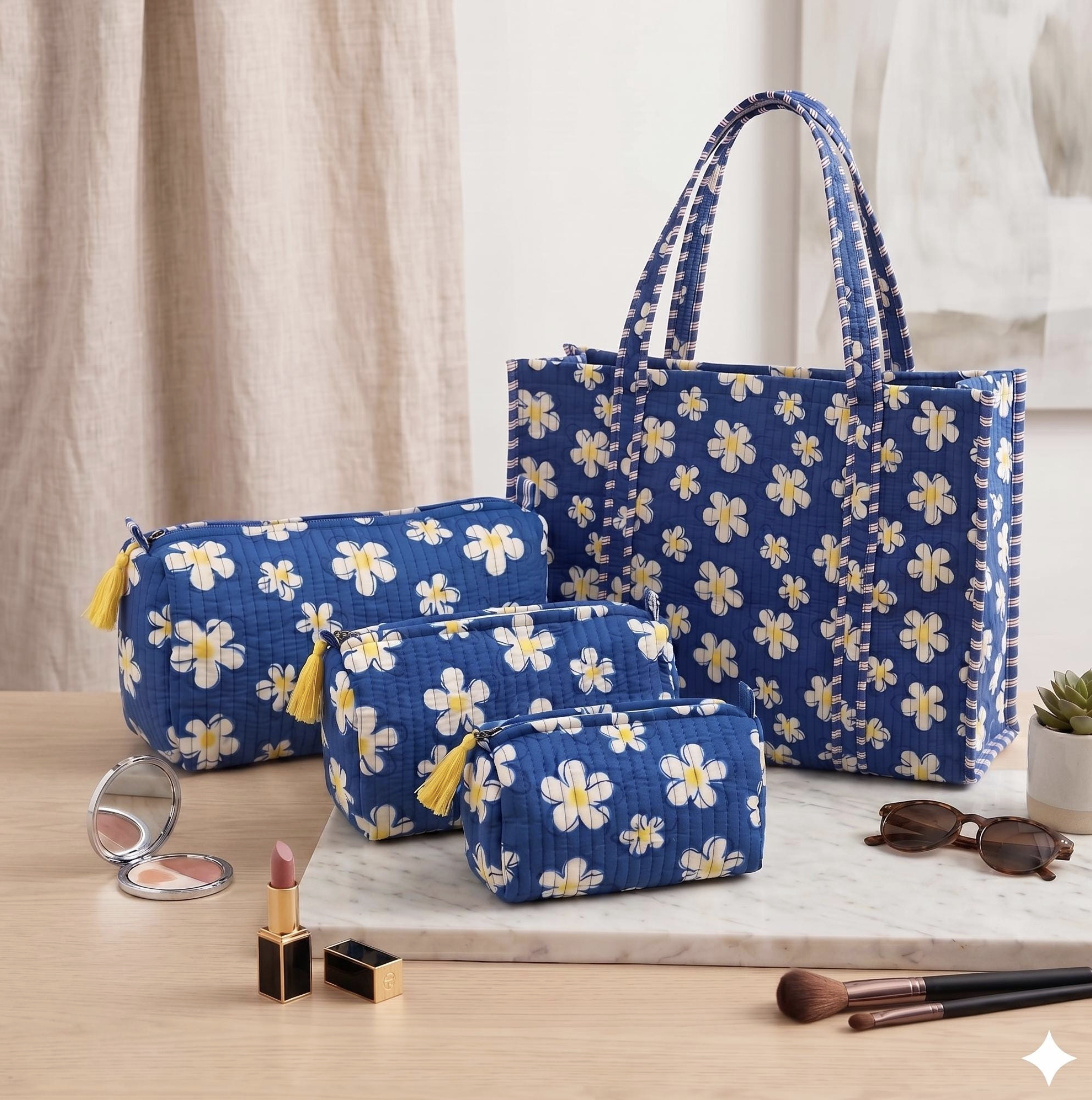 Floral Quilted Tote Bag and Toiletry Pouch Set, Blue Daisy Print 4 Piece Travel Kit
