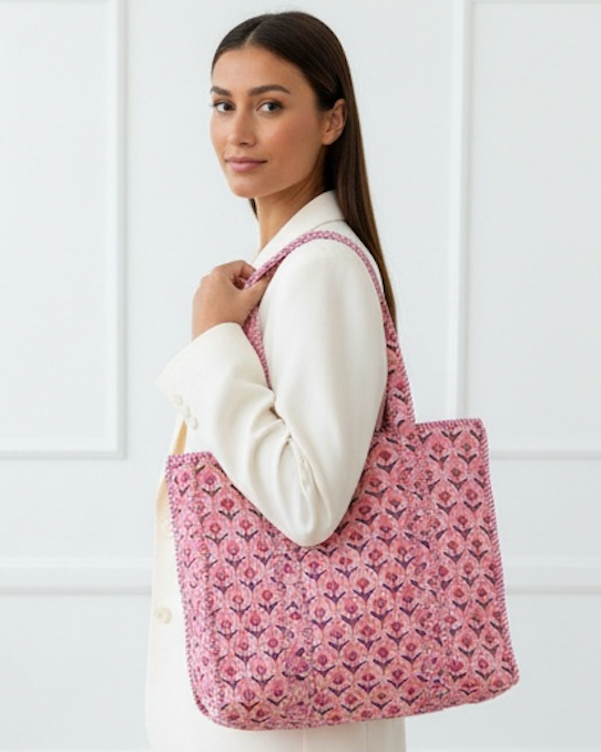 Block Printed Tote Bag in Pink