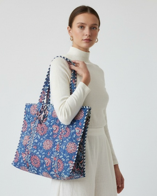Blue Floral Block Printed Tote Bag
