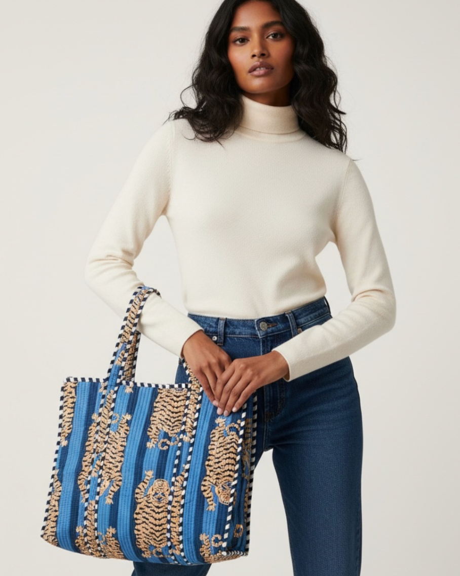 Block Printed Tiger Tote Bag in Navy Blue