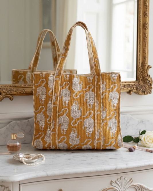 Yellow Block Printed Tote Bag