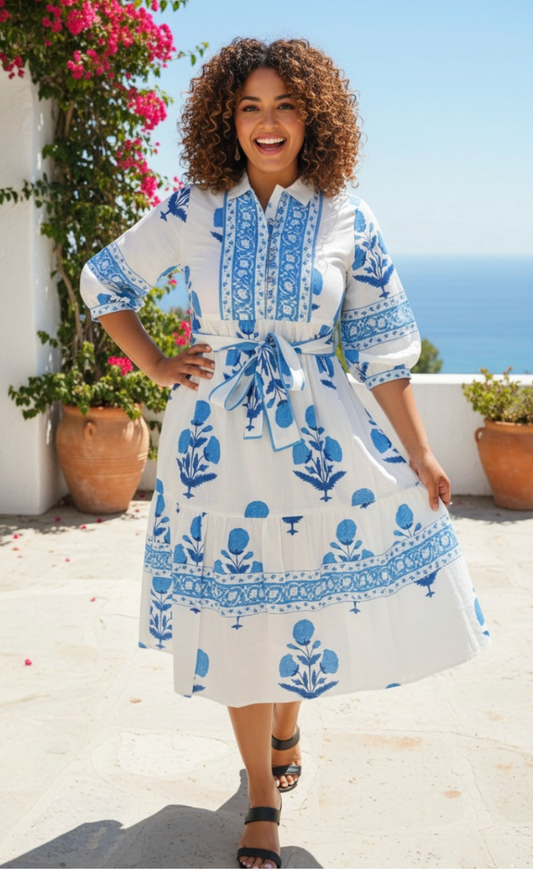 Santorini Block Printed Cotton Dress