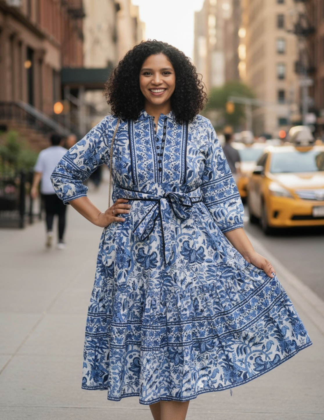 Aira - Block Printed Midi Dress with a Waist Belt