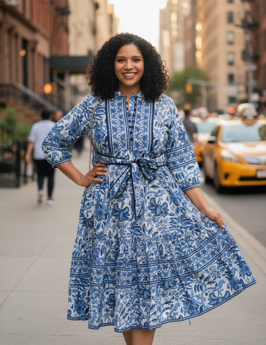 Aira - Block Printed Midi Dress with a Waist Belt