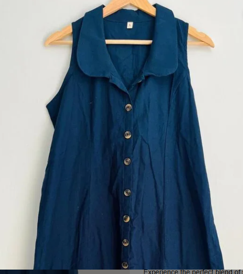 Blue Linen Cotton Blend Midi Dress: Sleeveless A-Line Summer Dress