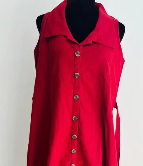 Red Linen Cotton Blend Midi Dress: Sleeveless A-Line Summer Dress
