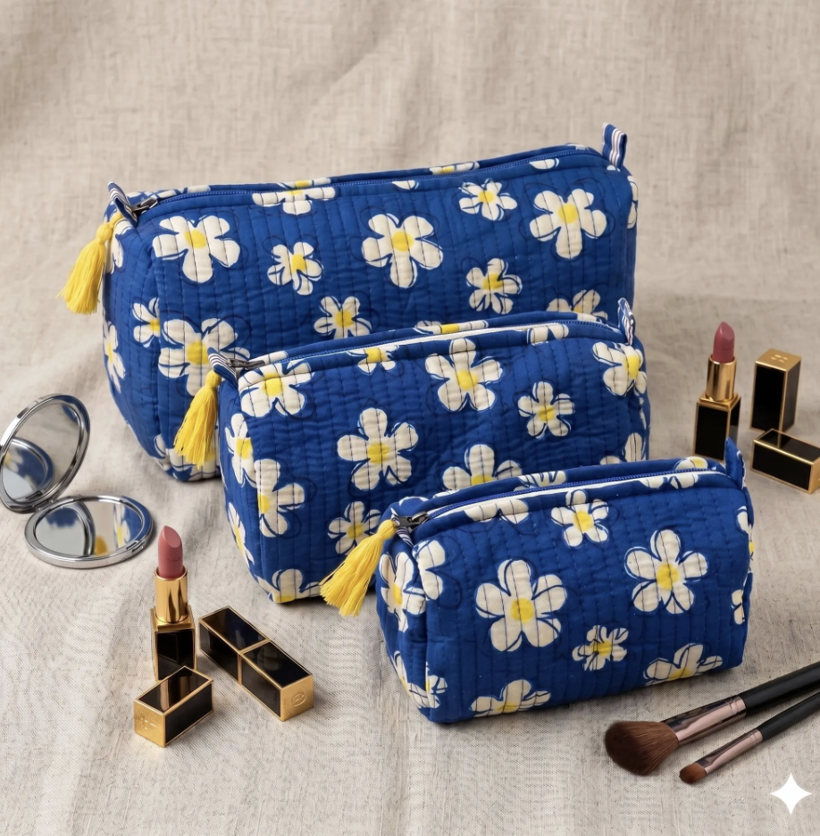 Toiletry Pouch Set of 3 Blue Daisy Print