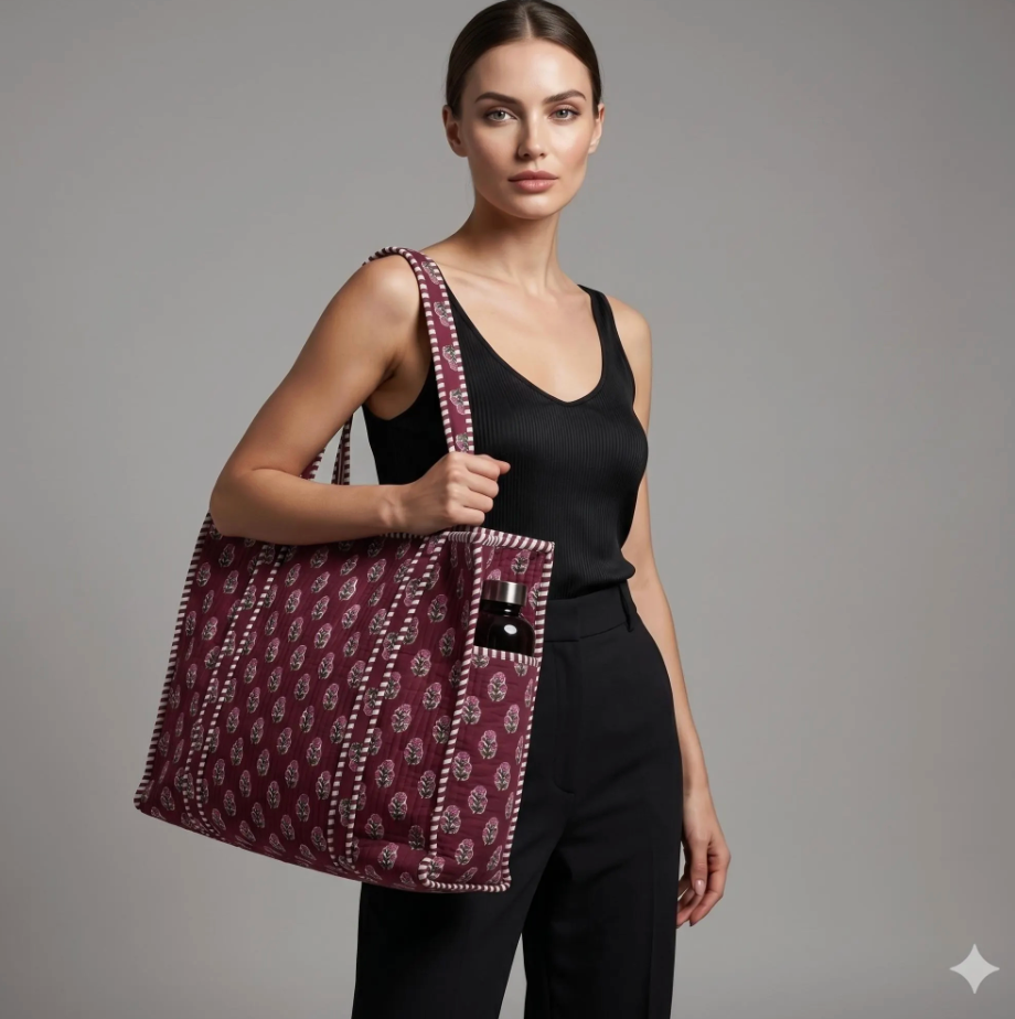 Floral Block Printed Tote Bag