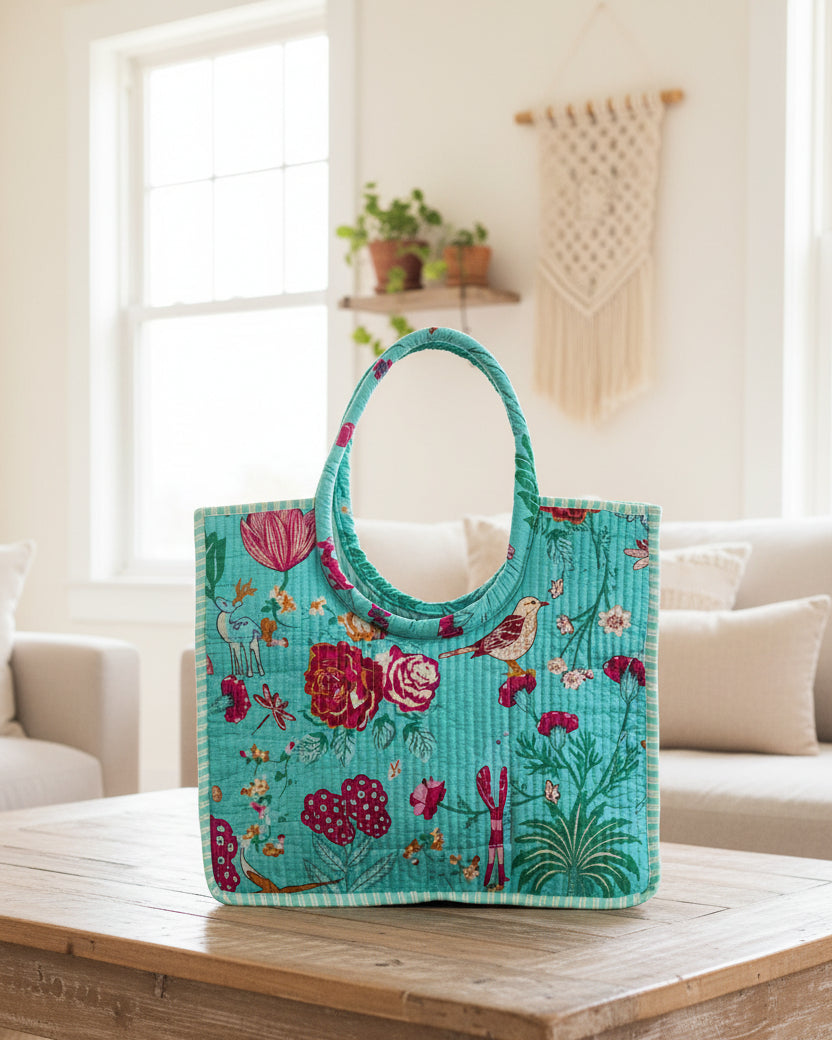 Floral Block Printed Tote Bag