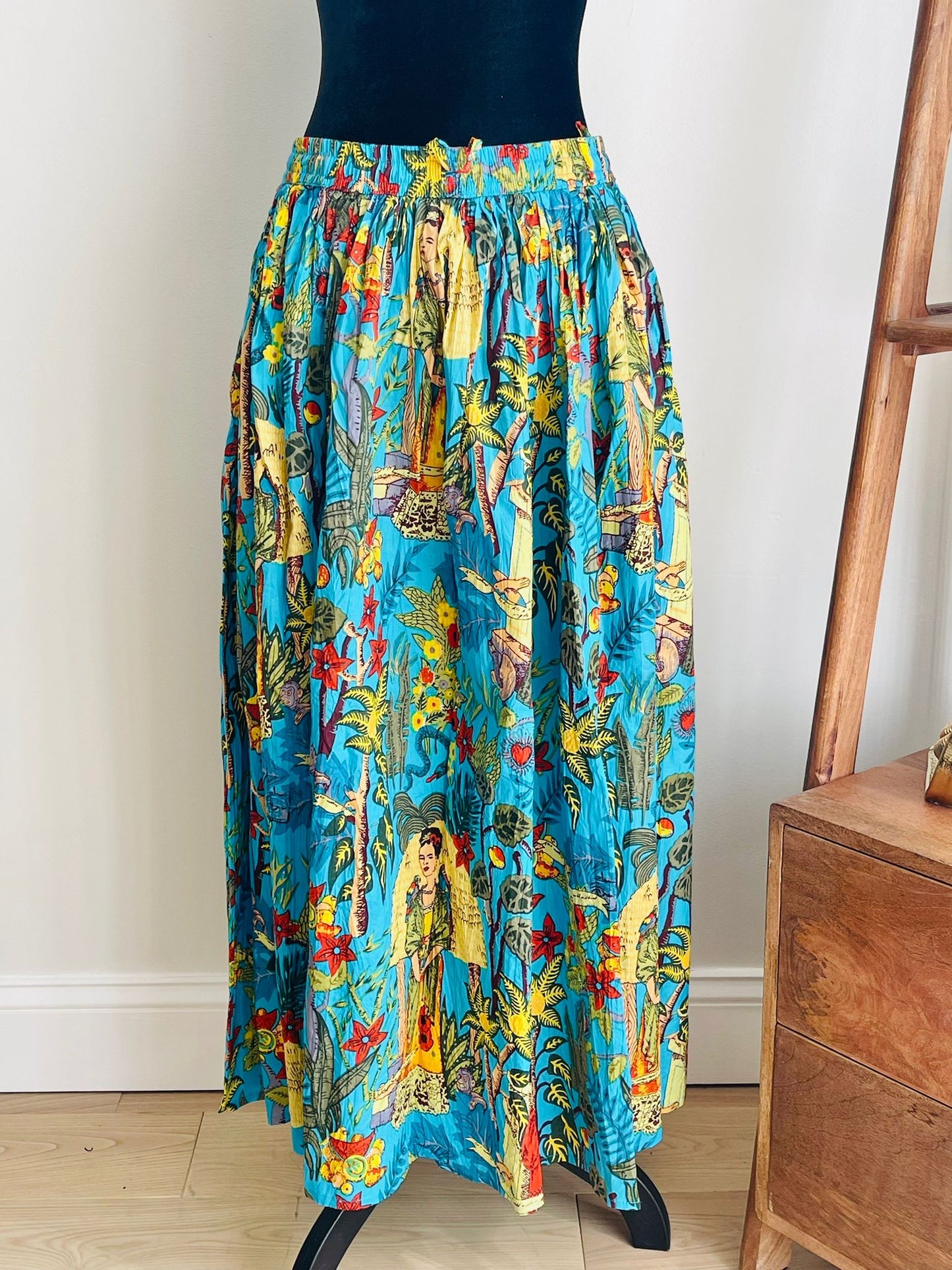 Frida Kahlo Cotton Skirt in Turquoise