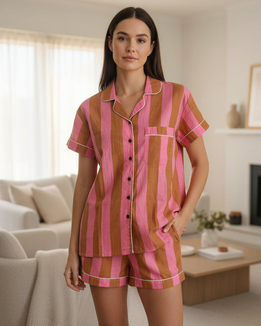 Short PJ Set in Pink & Brown Stripes