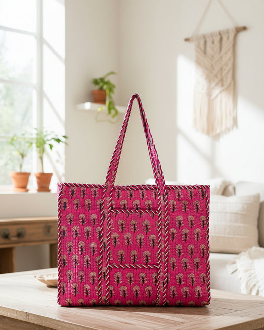 Pink Block Printed Tote Bag