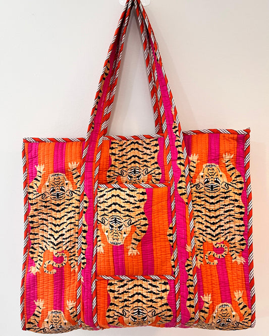 Block Printed Orange Tote Bag