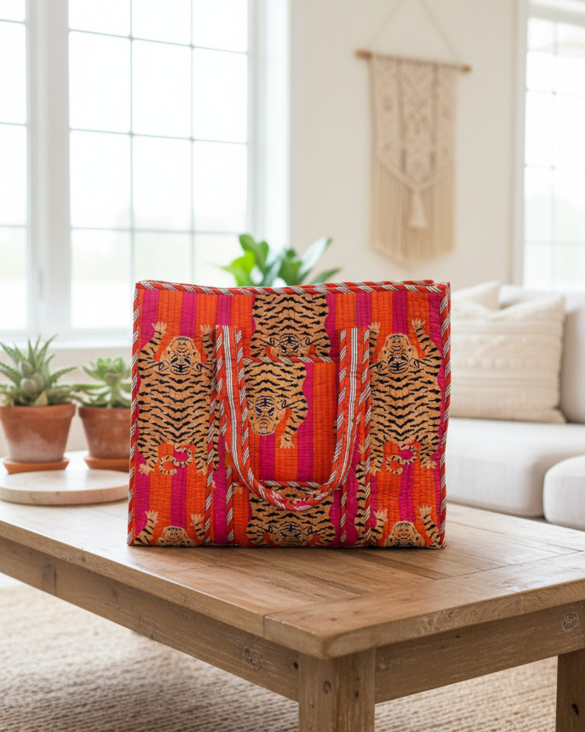 Block Printed Orange Tote Bag