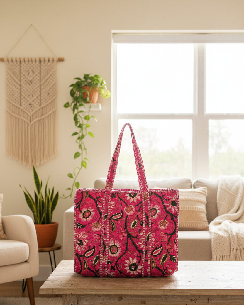 Pink Block Printed Tote Bag