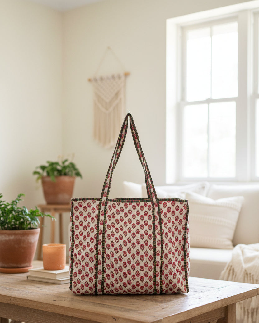 Red & White Block Printed Tote Bag