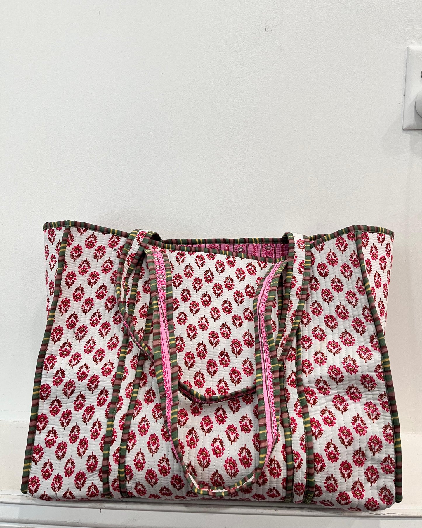 Red & White Block Printed Tote Bag
