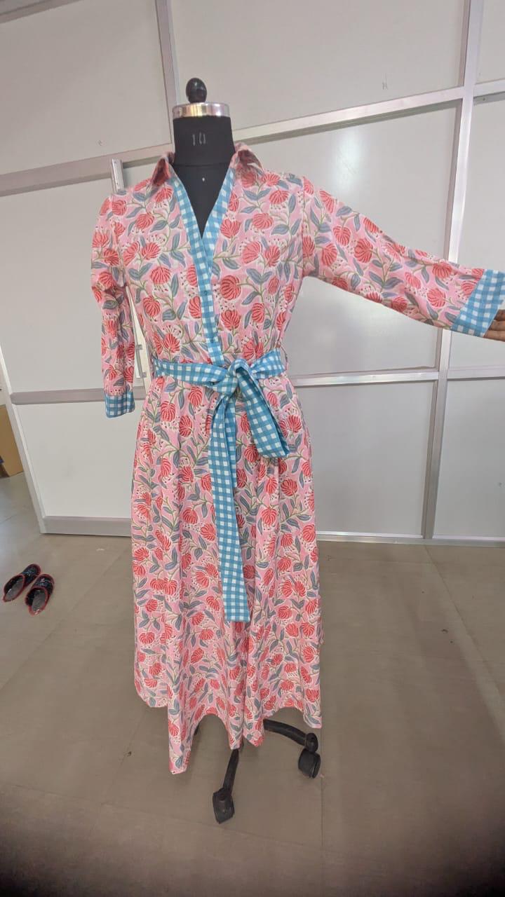 Pink Floral Wrap Cotton Dress