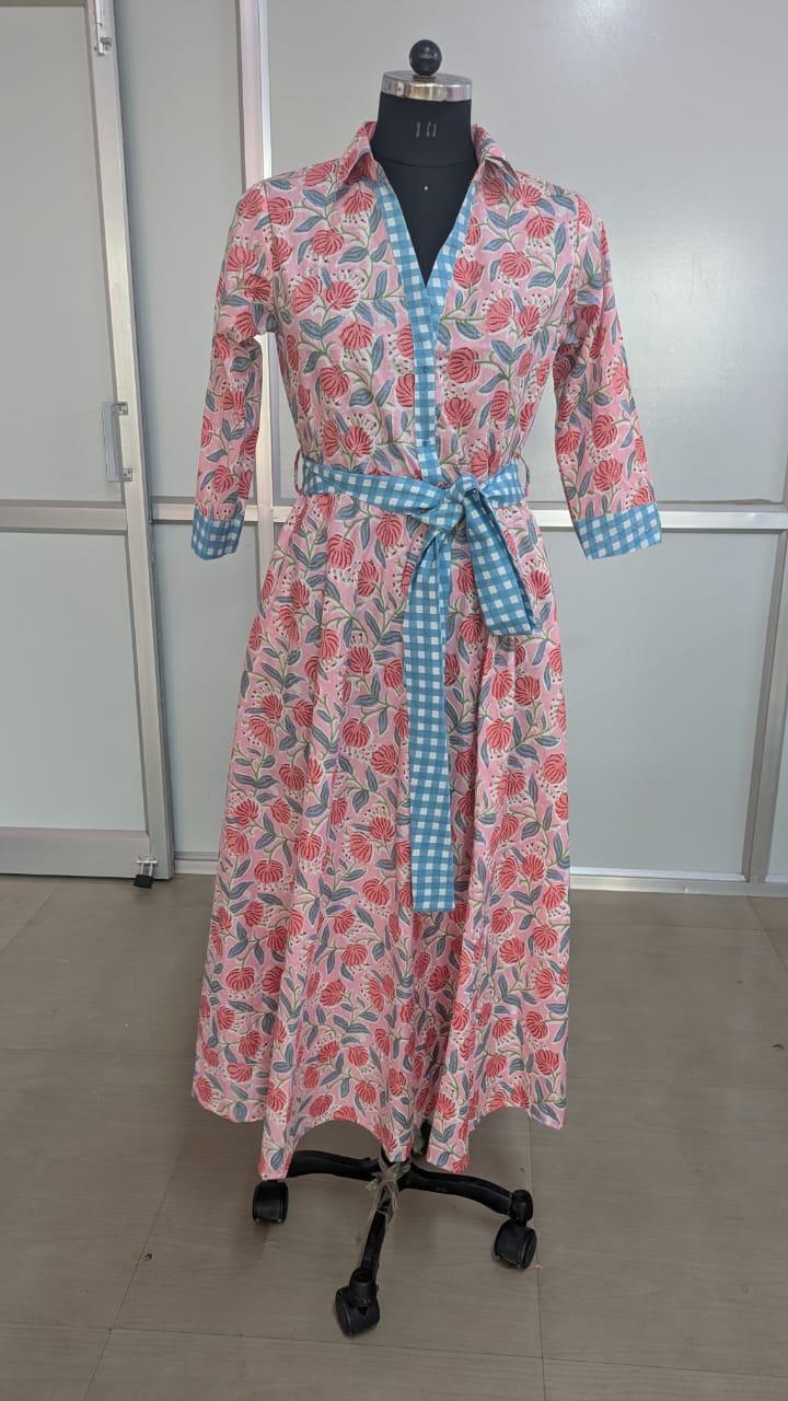 Pink Floral Wrap Cotton Dress