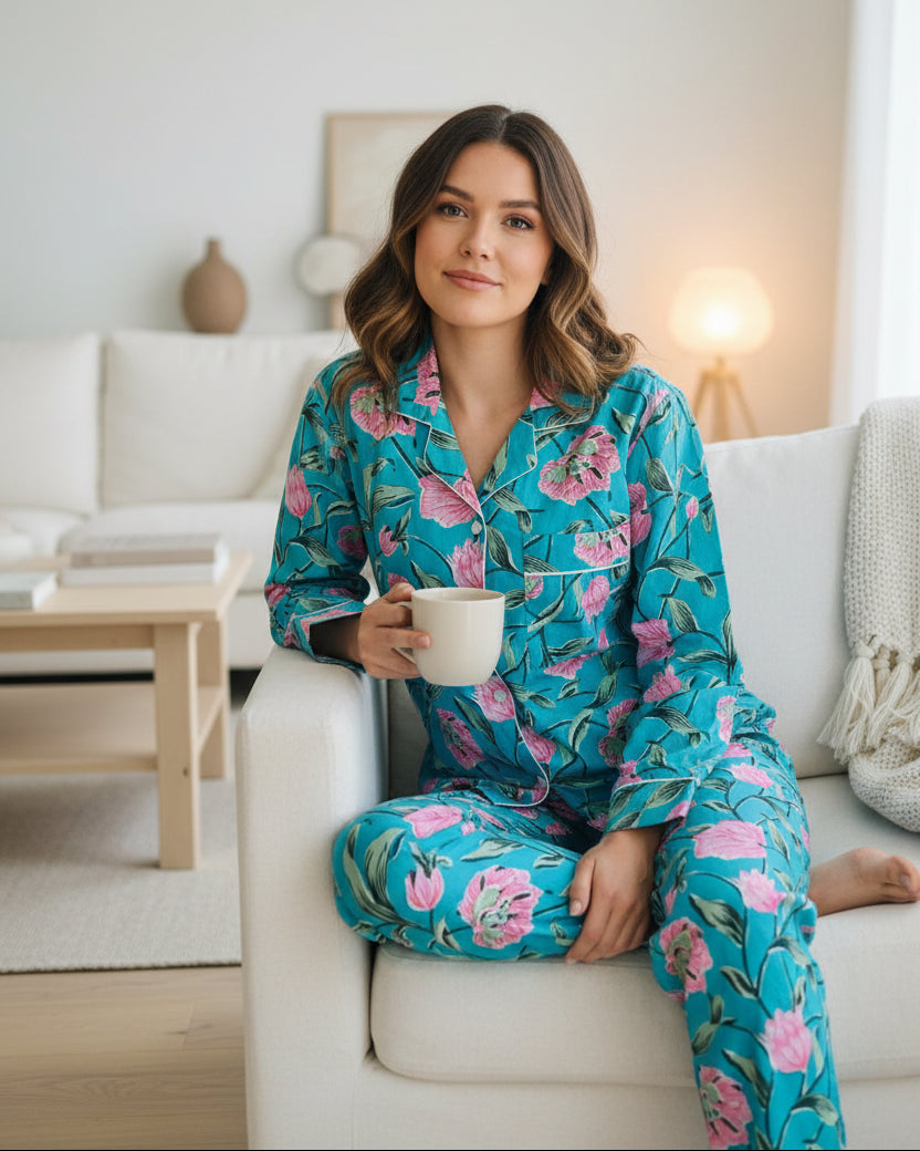 Long Pajama Set in Blossom Blue
