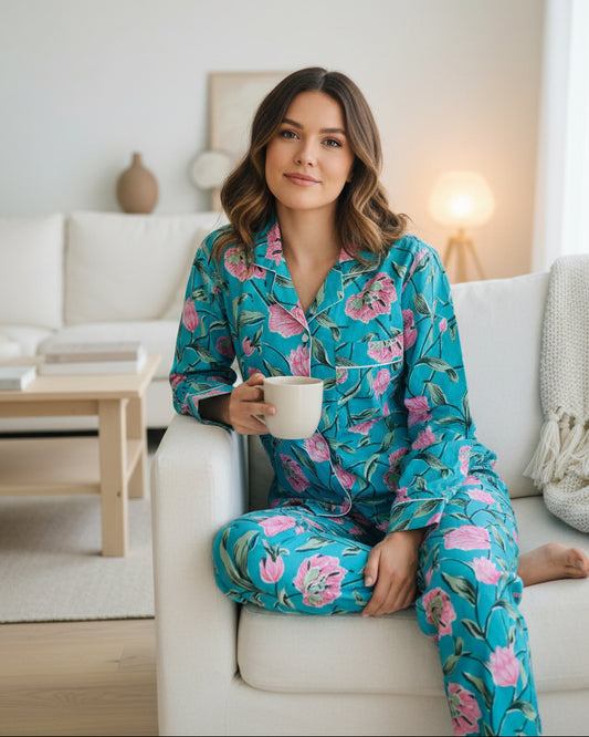 Long Pajama Set in Blossom Blue