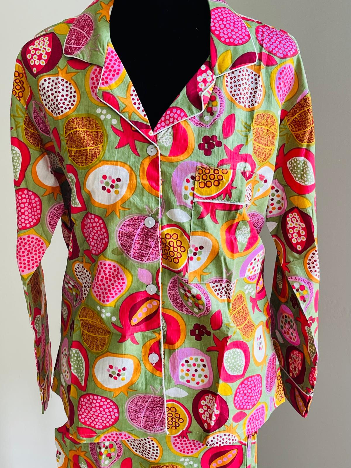 Green Pomegranate Block Printed Cotton PJ Set
