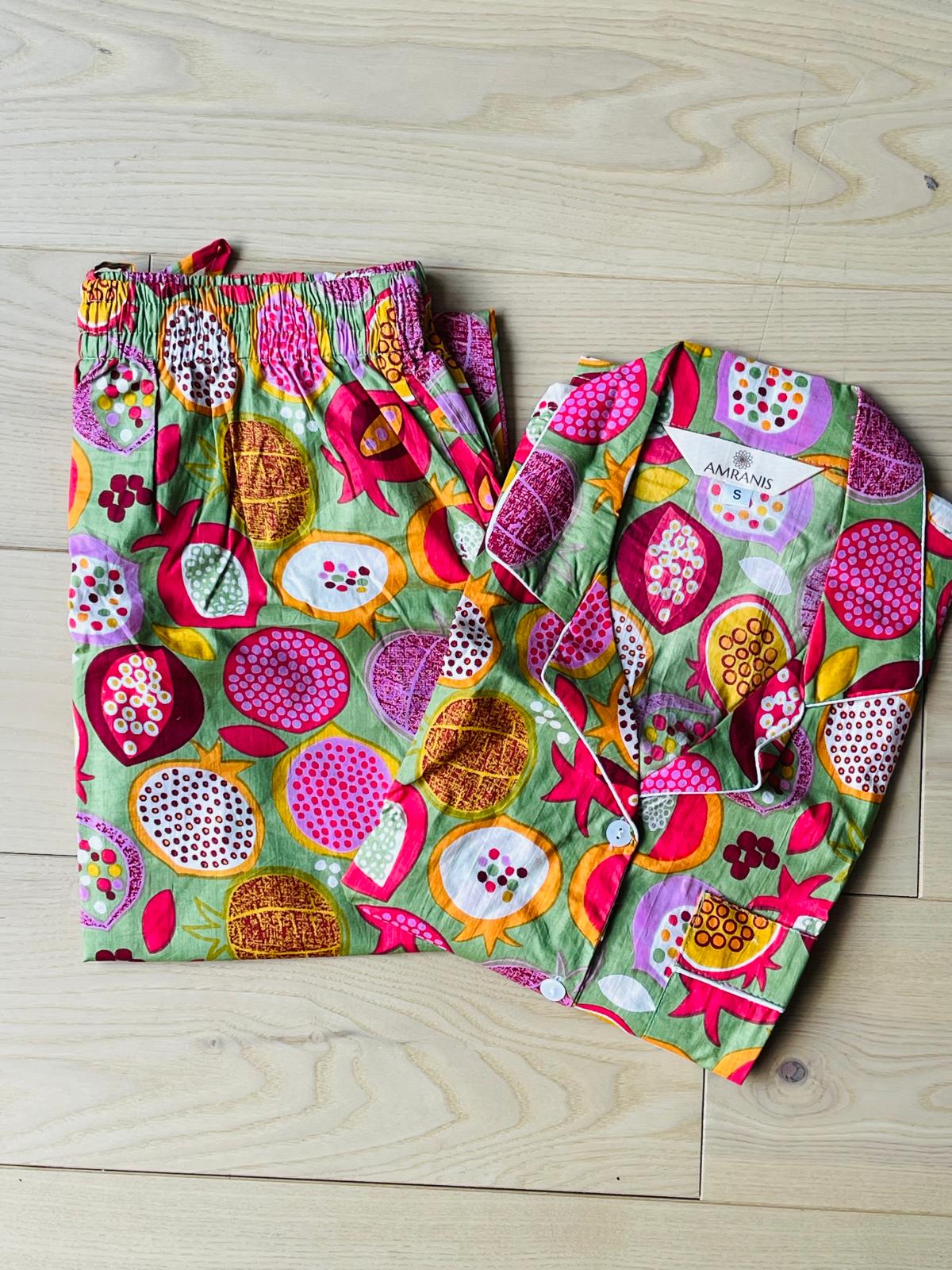 Green Pomegranate Block Printed Cotton PJ Set