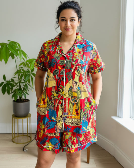 Short PJ Set in Red Frida Kahlo