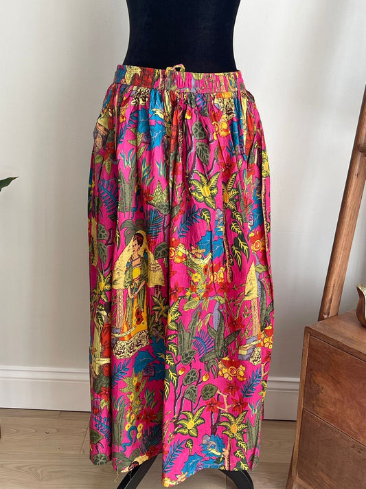 Hand Block Printed Frida Kahlo Cotton Skirt in Pink