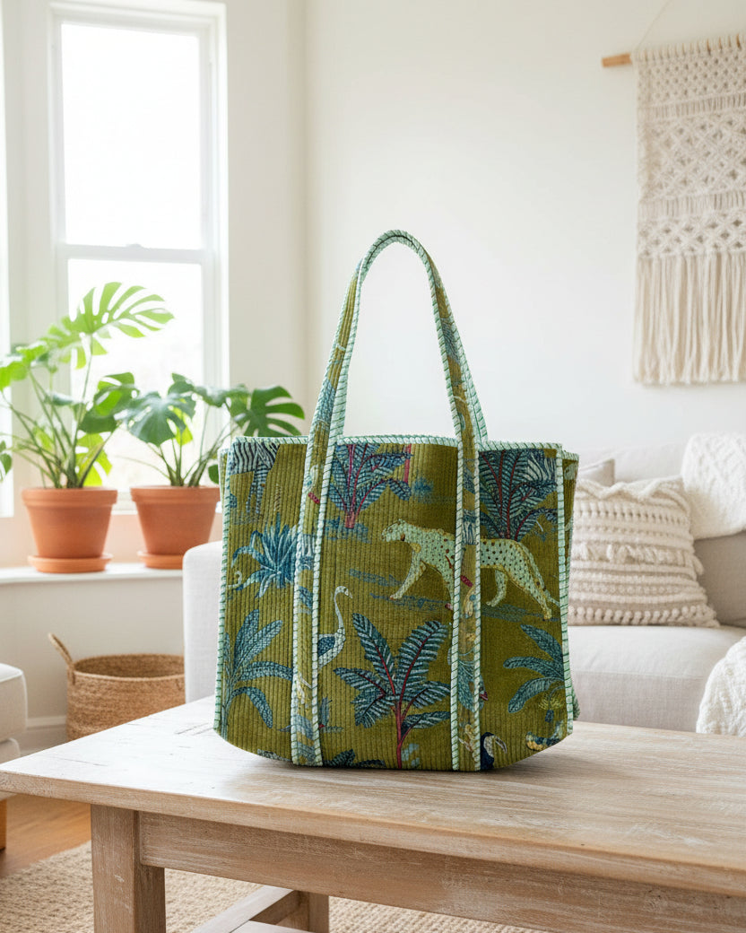 Velvet Block Printed Green Jungle Tote Bag