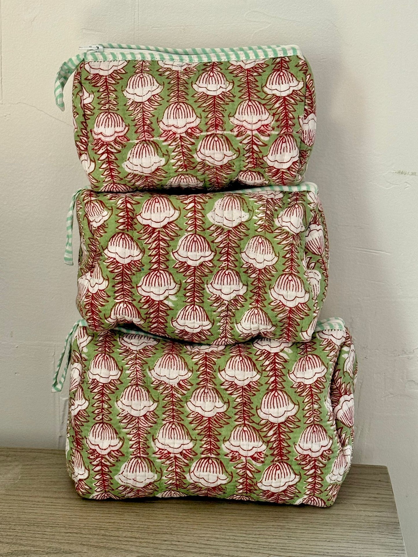 Green Block Printed Toiletry Bag - Set of 3 