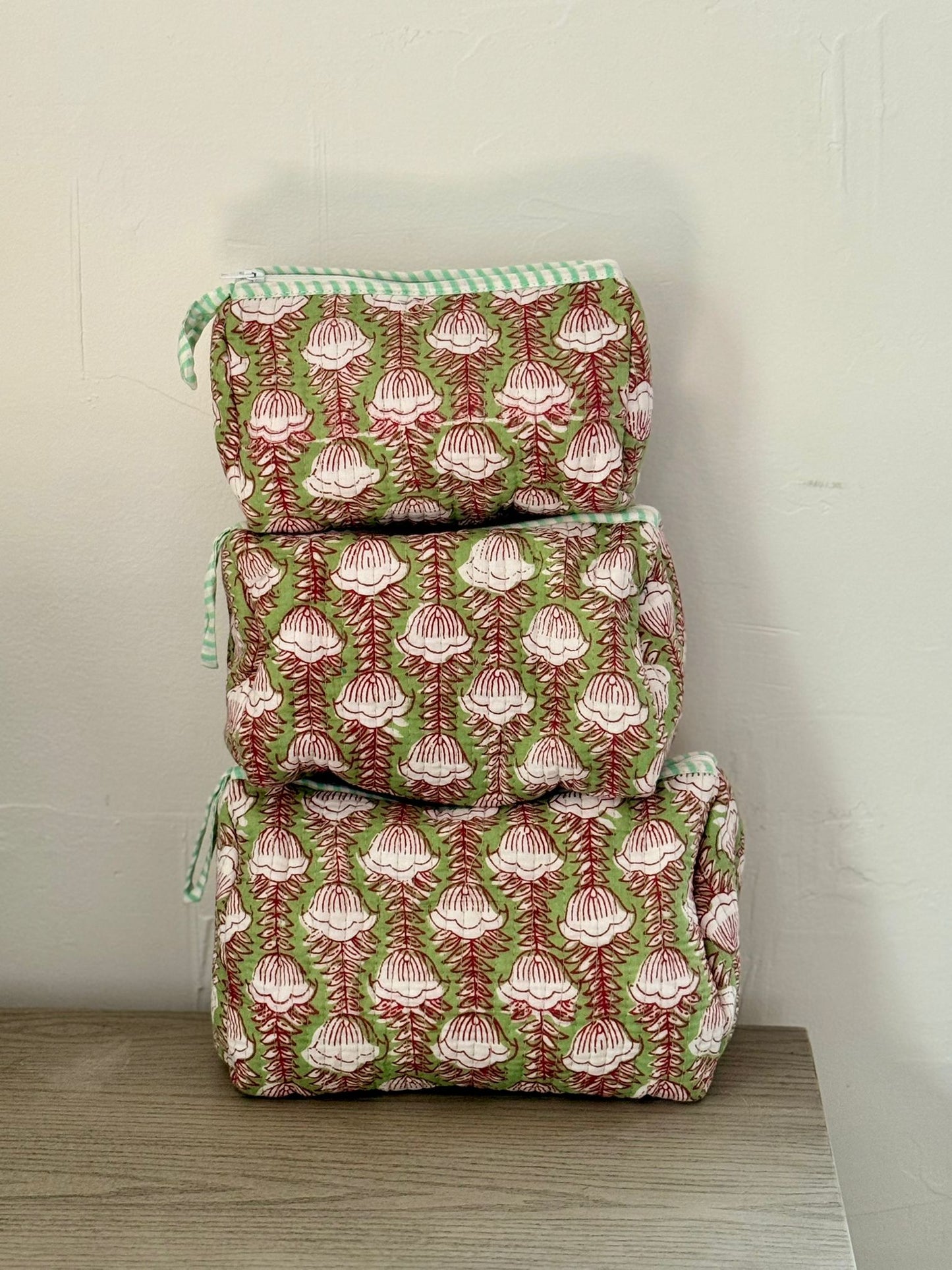 Green Block Printed Toiletry Bag - Set of 3 