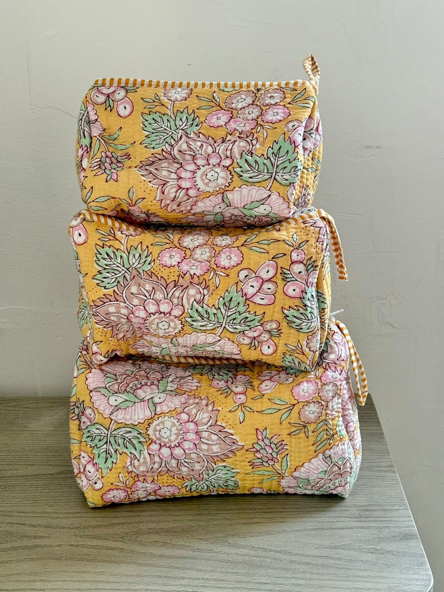 Yellow Block Printed Toiletry Bag - Set of 3  