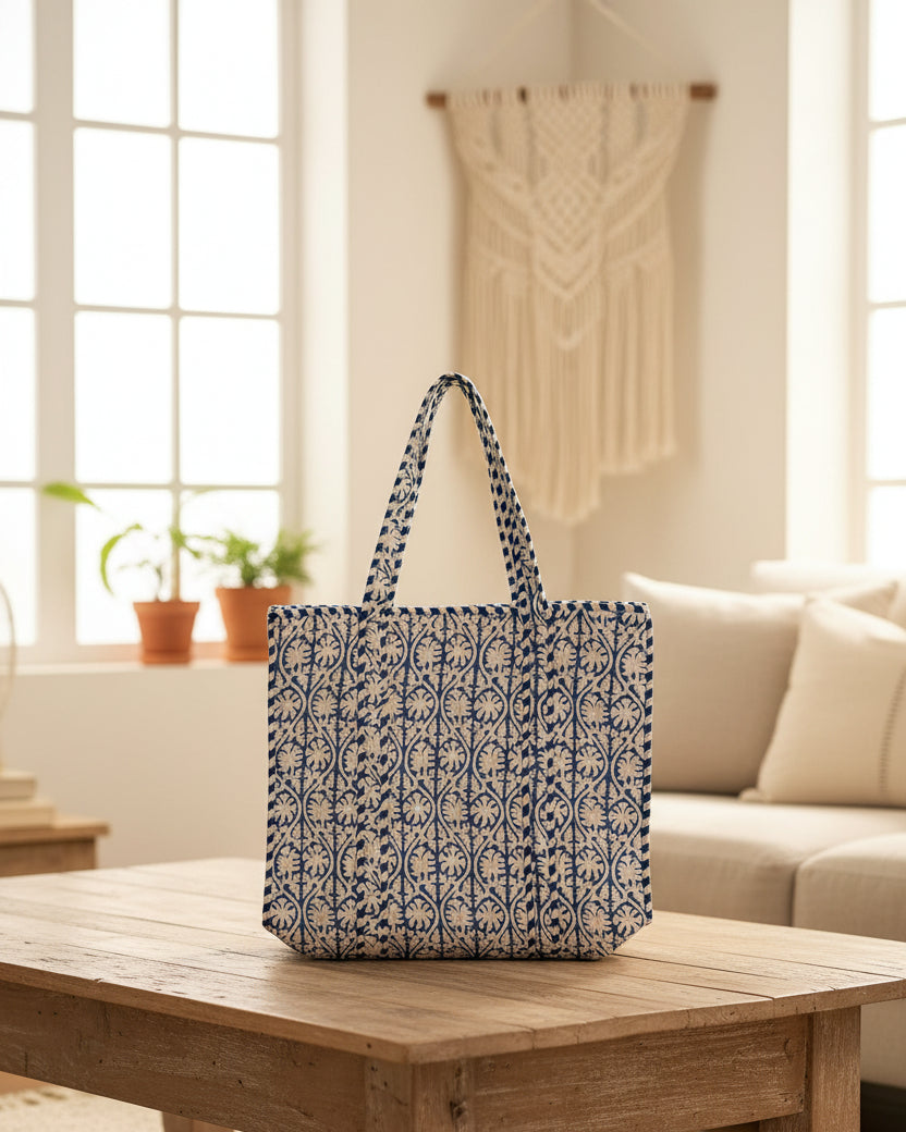 Blue Block Printed Cotton Tote Bag
