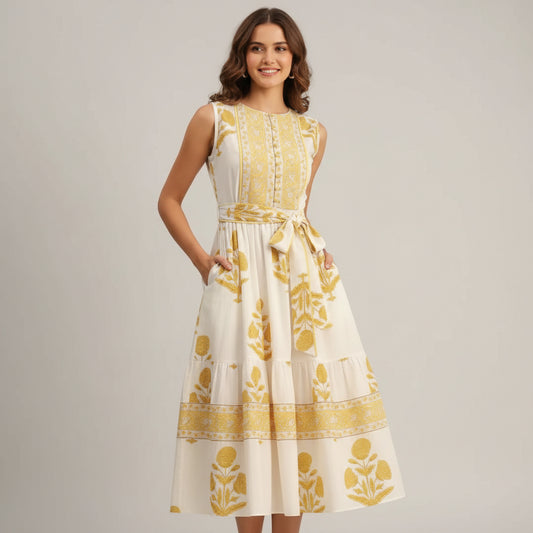 Amara Gold - Block Printed Cotton Dress