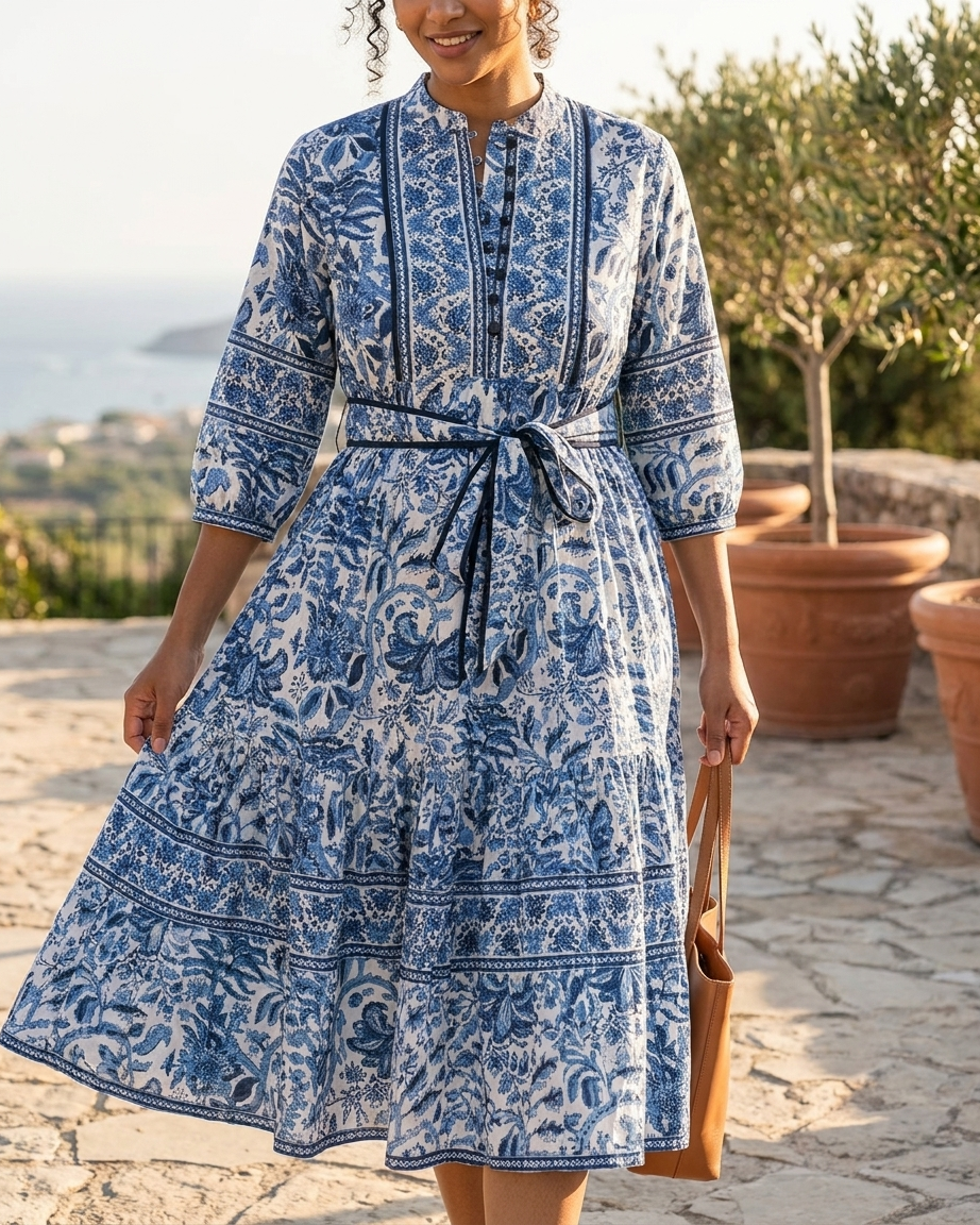 Aira - Block Printed Midi Dress with a Waist Belt