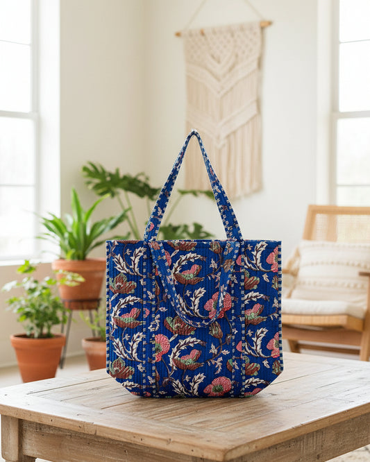 Floral Block Printed Tote Bag in Navy