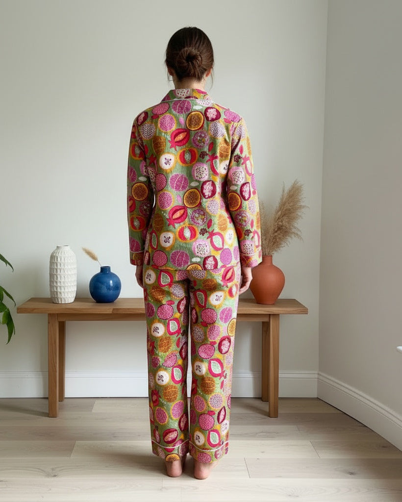 Green Pomegranate Block Printed Cotton PJ Set