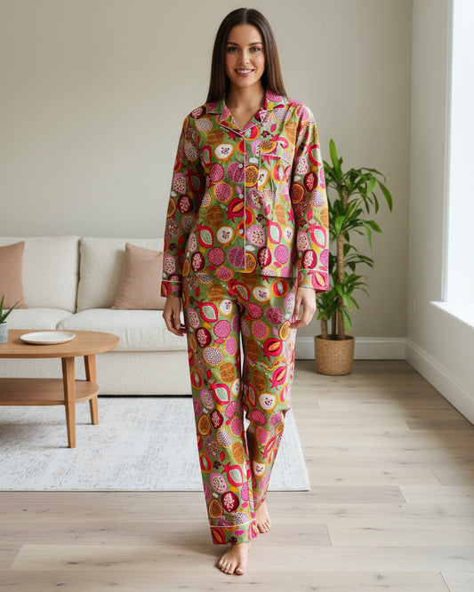 Green Pomegranate Block Printed Cotton PJ Set