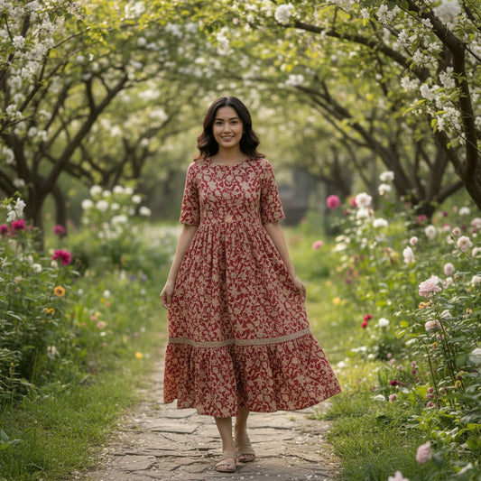 spring calling red rose floral block print cotton midi dress Amranis.