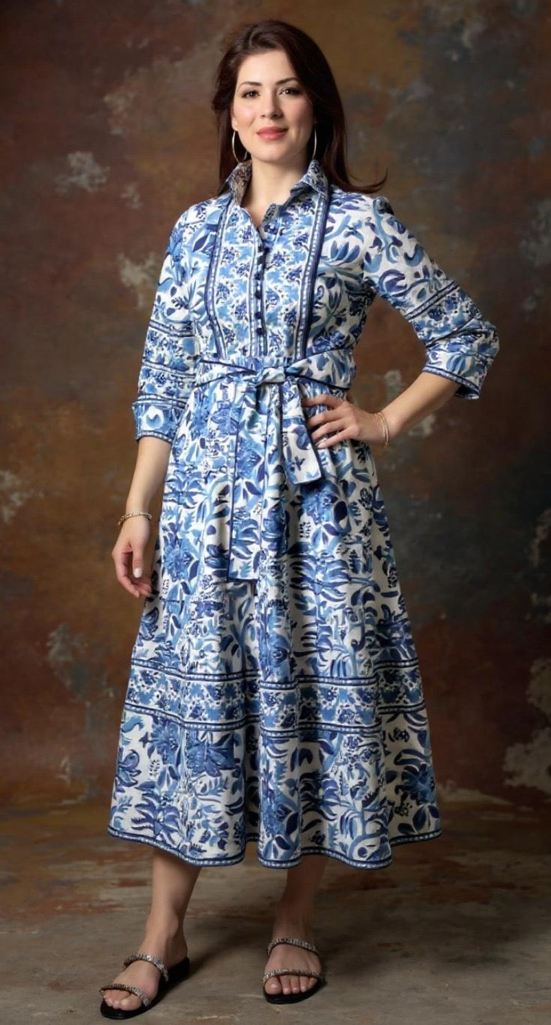 Aira - Block Printed Midi Dress with a Waist Belt