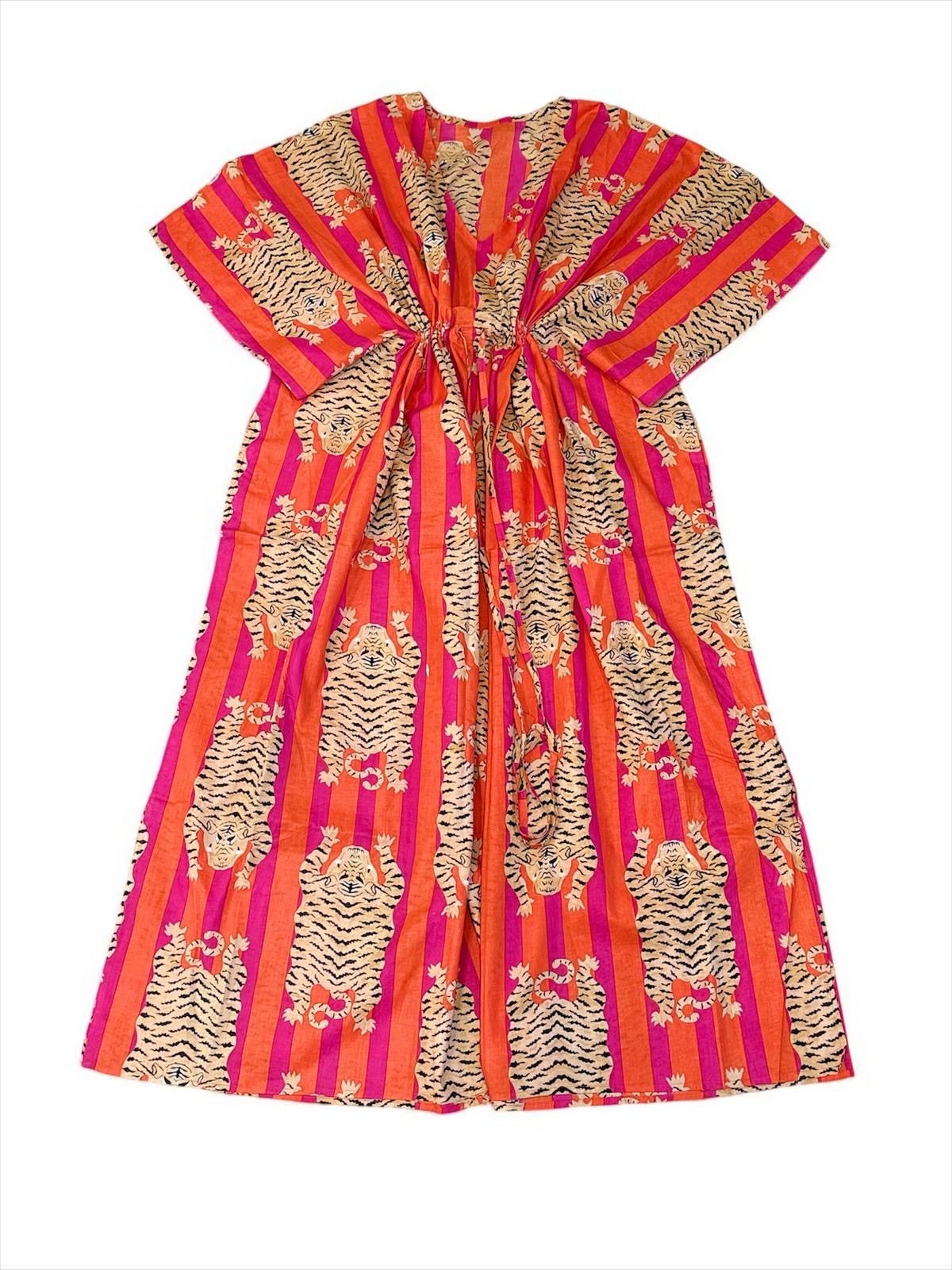 Orange Block Printed Cotton Kaftan