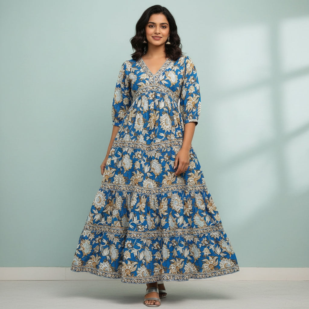 Floral Block Printed Cotton Midi Dress