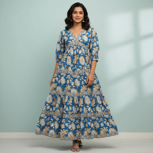 Floral Block Printed Cotton Midi Dress