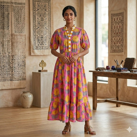floral pink 100% cotton block print midi dress women usa. Amranis
