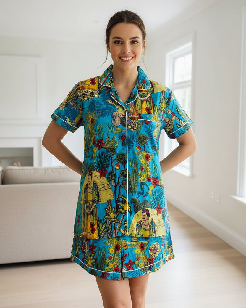 Short PJ Set - Sky Blue Frida Kahlo