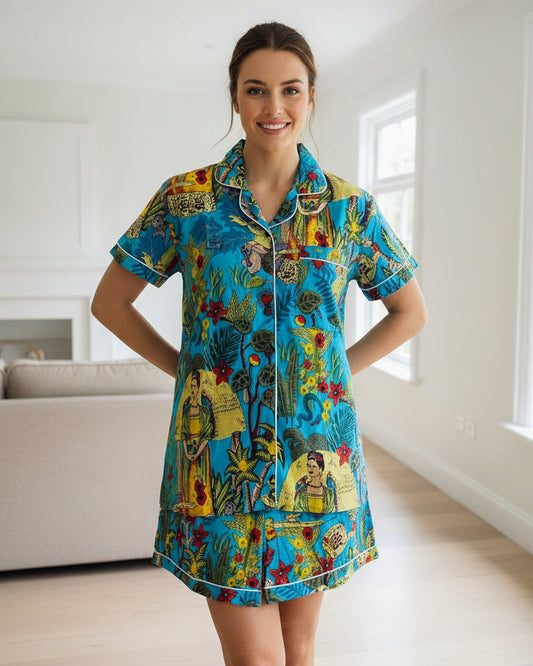 Short PJ Set - Sky Blue Frida Kahlo