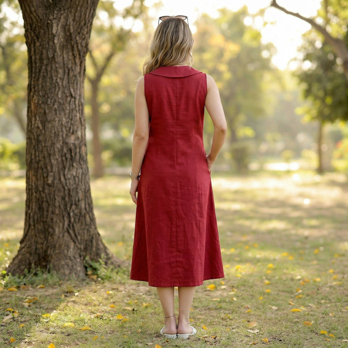 Red Linen Cotton Blend Midi Dress: Sleeveless A-Line Summer Dress