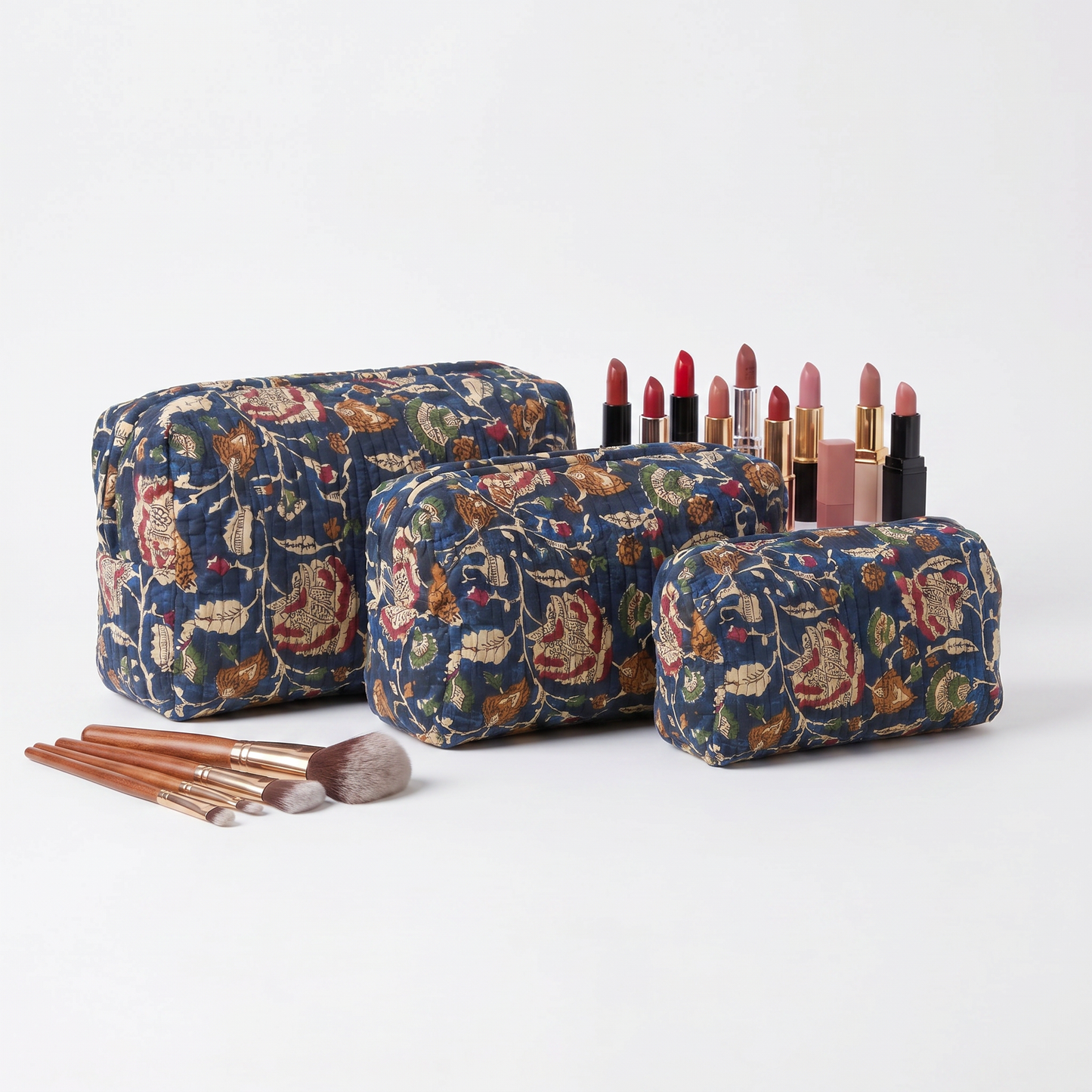 Midnight Blue Vintage Block Print Set of 3 Bags