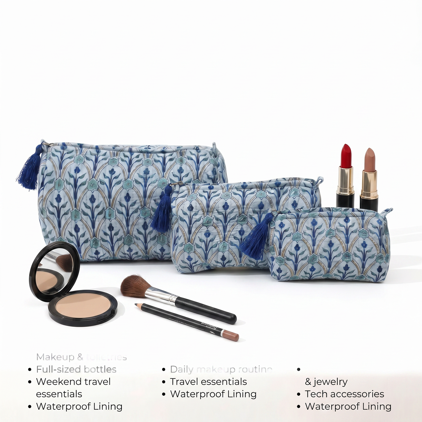 Royal Blue Block Print Set of 3 Bags